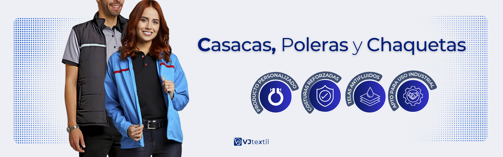 Banner promocional de VJtextil para casacas, poleras y chaquetas corporativas e industriales con telas antifluidos y costuras reforzadas.